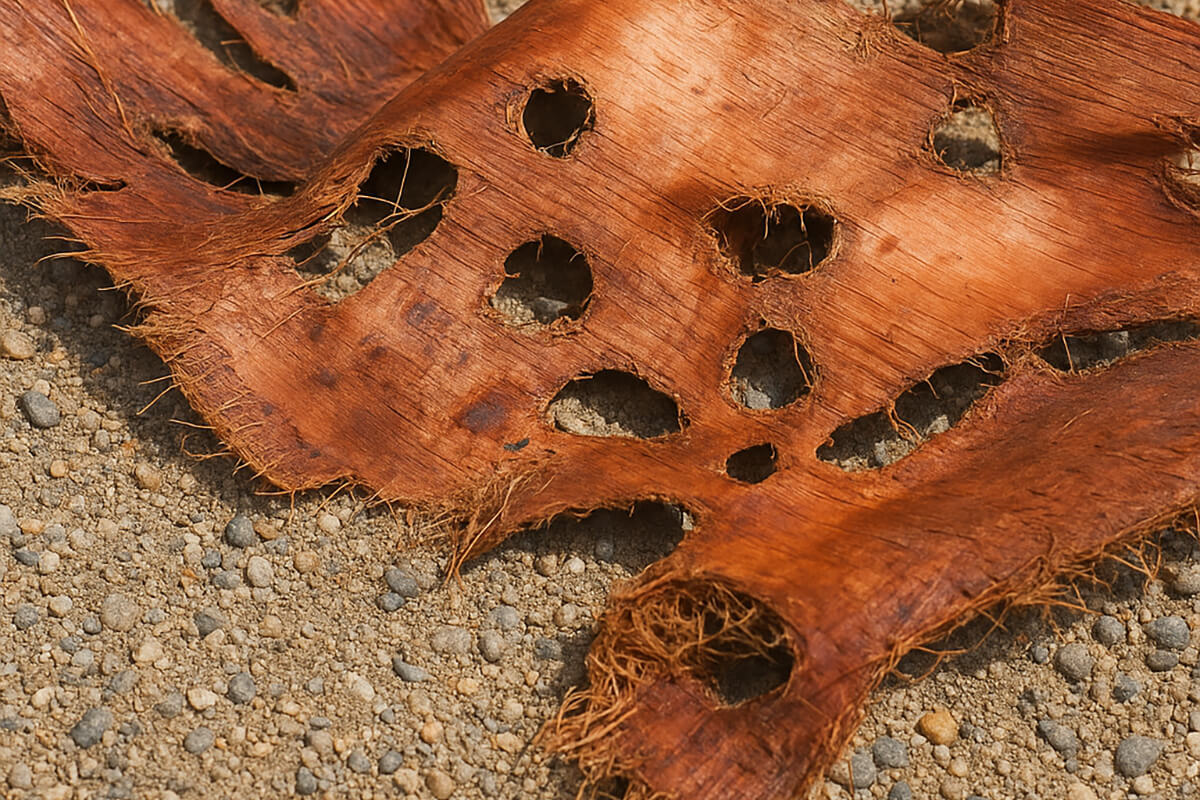 Leaf base of palm tree riddled with holes from SAPW