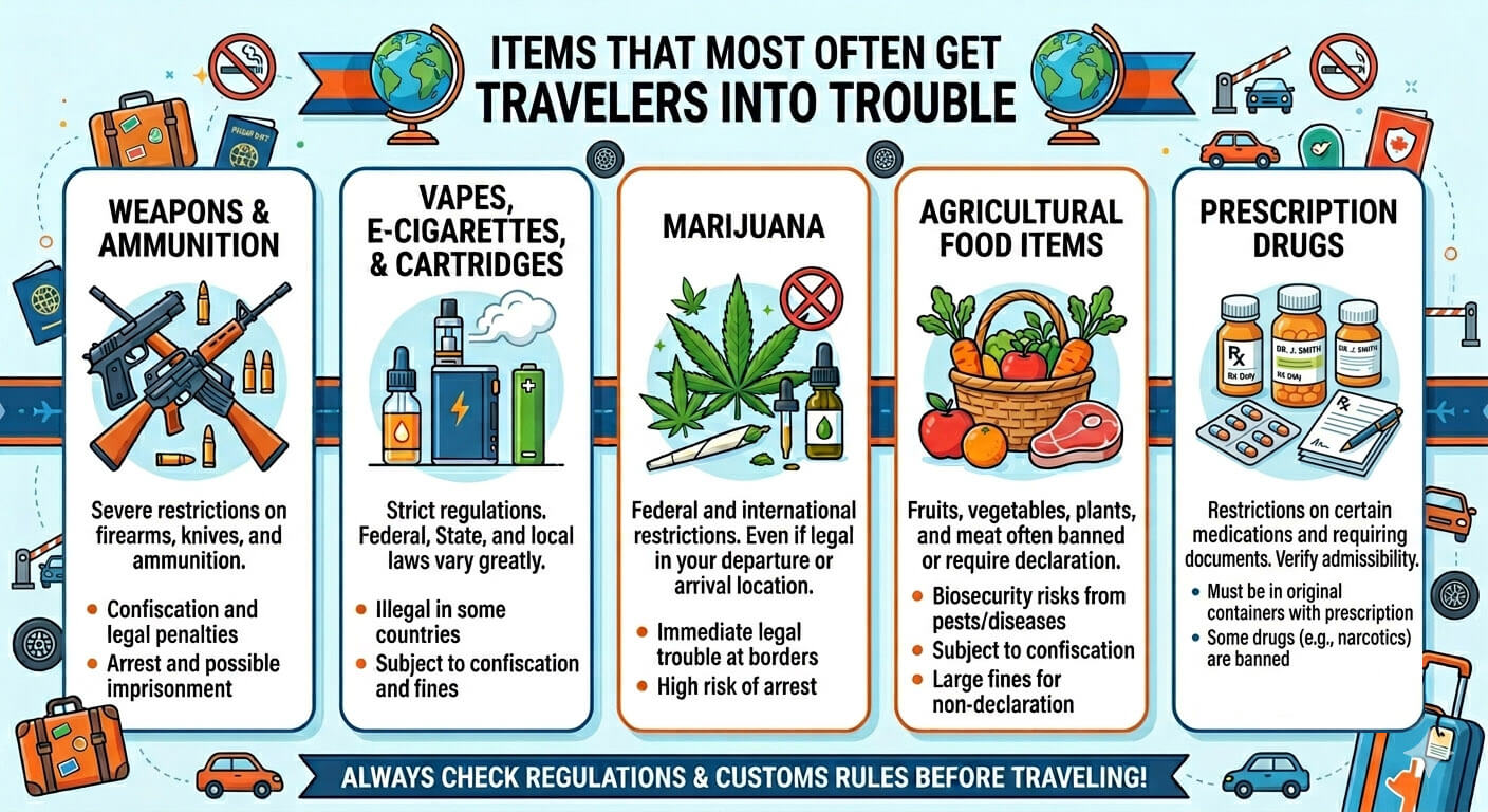 infographic that displays items that most often get travelers into trouble